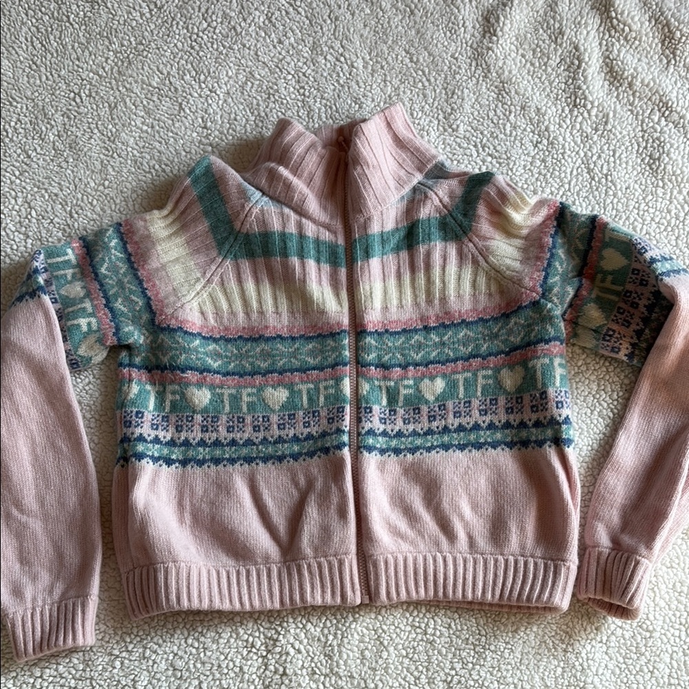 Teddy Fresh pink wool winter fair isle zip up sweater